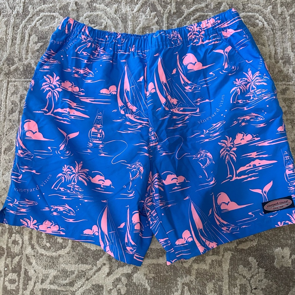 Vineyard Vines Blue Shorts with Pink Tropical Print
